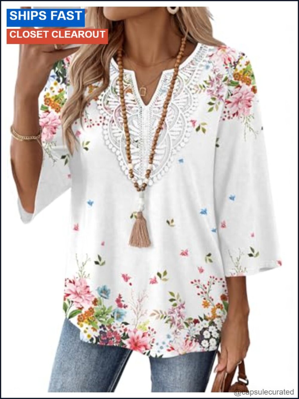 Womens Boho 3/4 Sleeve V Neck Lace Blouse